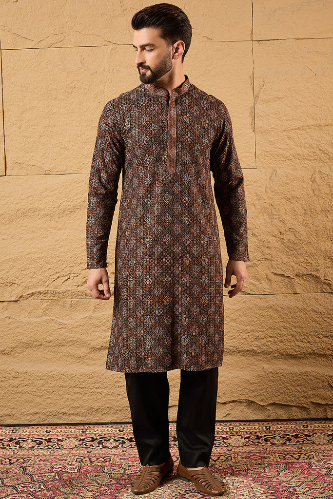 Brown Viscose Rayon Ethnic Motifs Embroidered Chikankari Straight Kurta With Pant Set MKSET1164