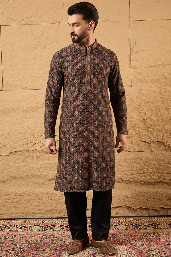 Brown Viscose Rayon Ethnic Motifs Embroidered Chikankari Straight Kurta With Pant Set MKSET1164