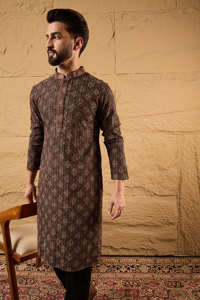 Brown Viscose Rayon Ethnic Motifs Embroidered Chikankari Straight Kurta With Pant Set MKSET1164
