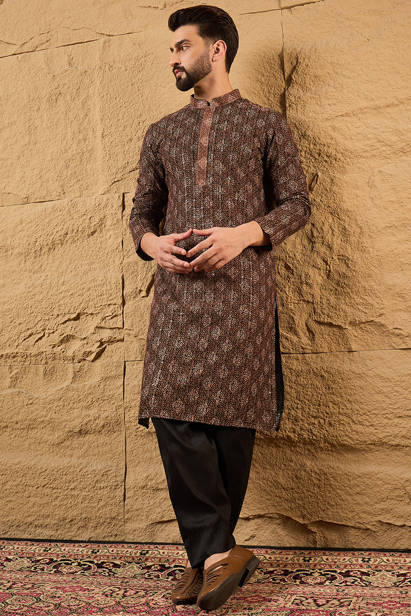 Brown Viscose Rayon Ethnic Motifs Embroidered Chikankari Straight Kurta HOPMKU1164