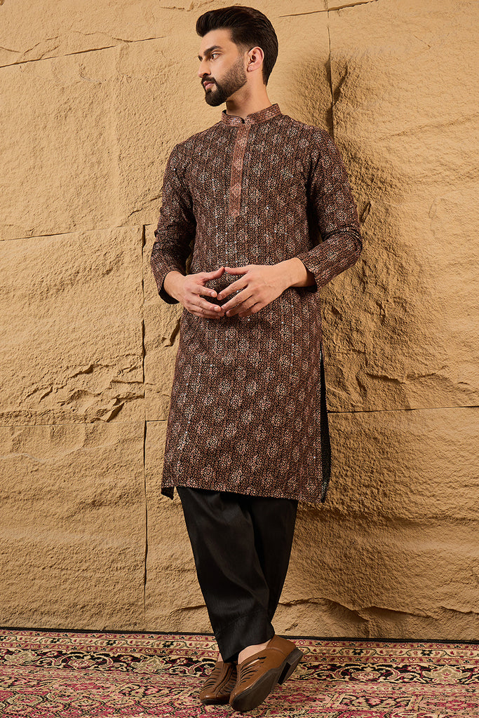 Brown Viscose Rayon Ethnic Motifs Embroidered Chikankari Straight Kurta With Pant Set MKSET1164