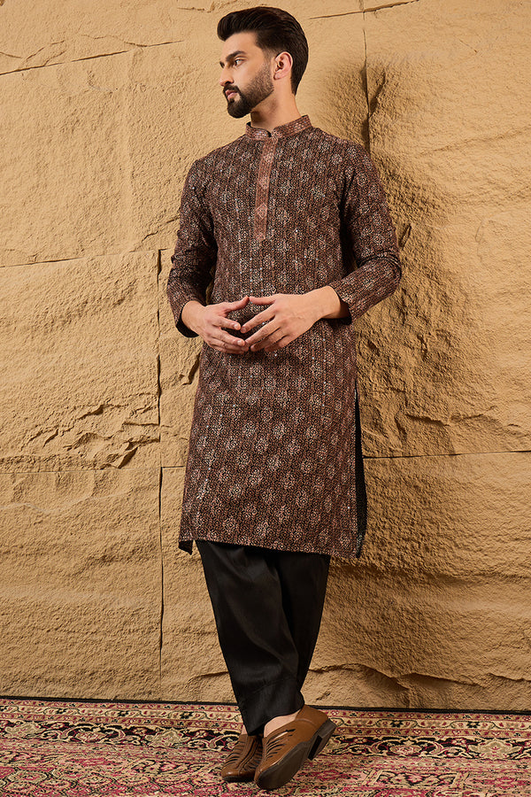 Brown Viscose Rayon Ethnic Motifs Embroidered Chikankari Straight Kurta With Pant Set MKSET1164