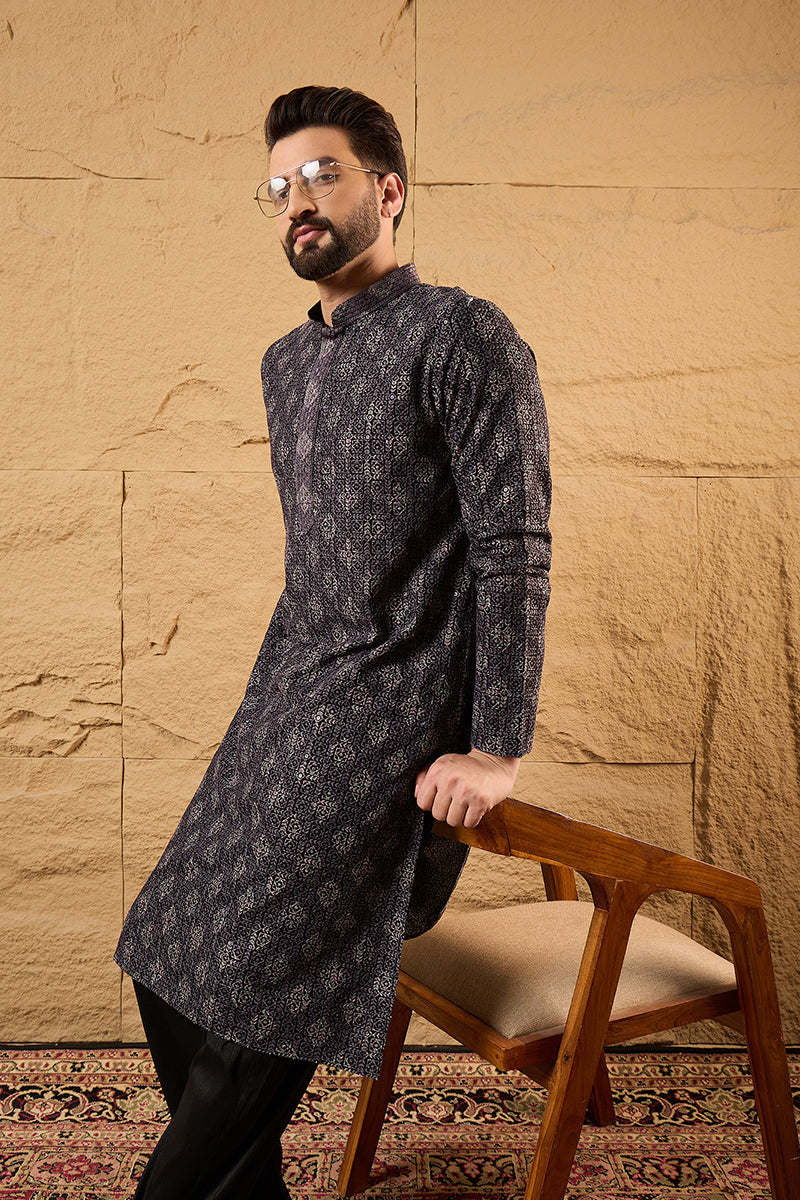 Grey Viscose Rayon Ethnic Motifs Embroidered Chikankari Straight Kurta With Pant Set MKSET1165
