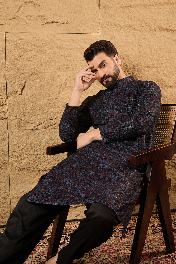 Black Viscose Rayon Geometric Embroidered Chikankari Straight Kurta With Pant Set MKSET1166
