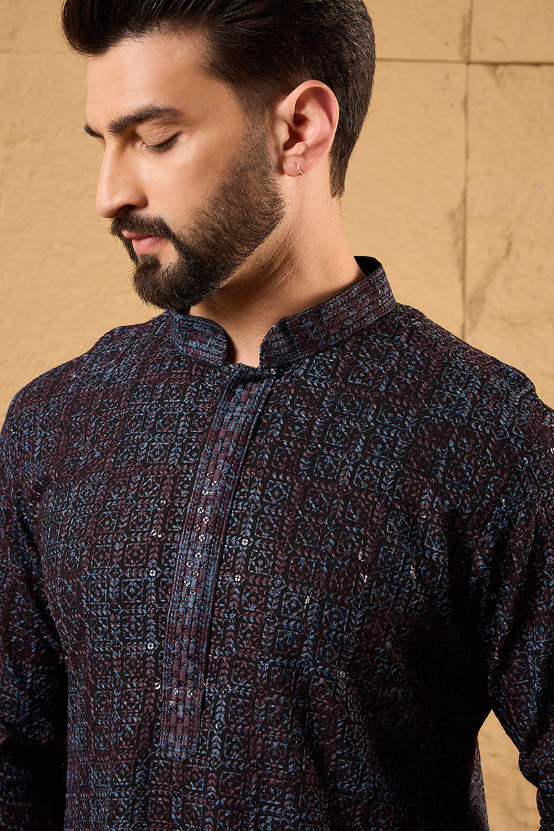 Black Viscose Rayon Geometric Embroidered Chikankari Straight Kurta With Pant Set MKSET1166