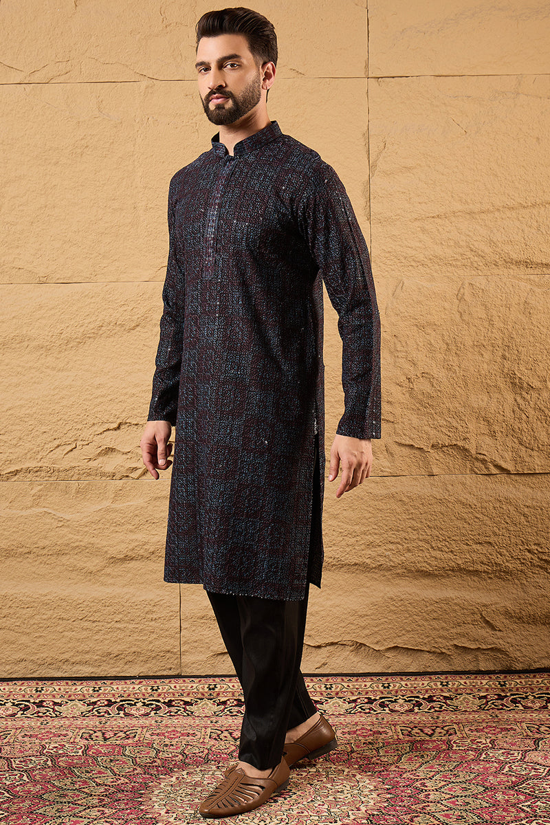 Black Viscose Rayon Geometric Embroidered Chikankari Straight Kurta With Pant Set MKSET1166