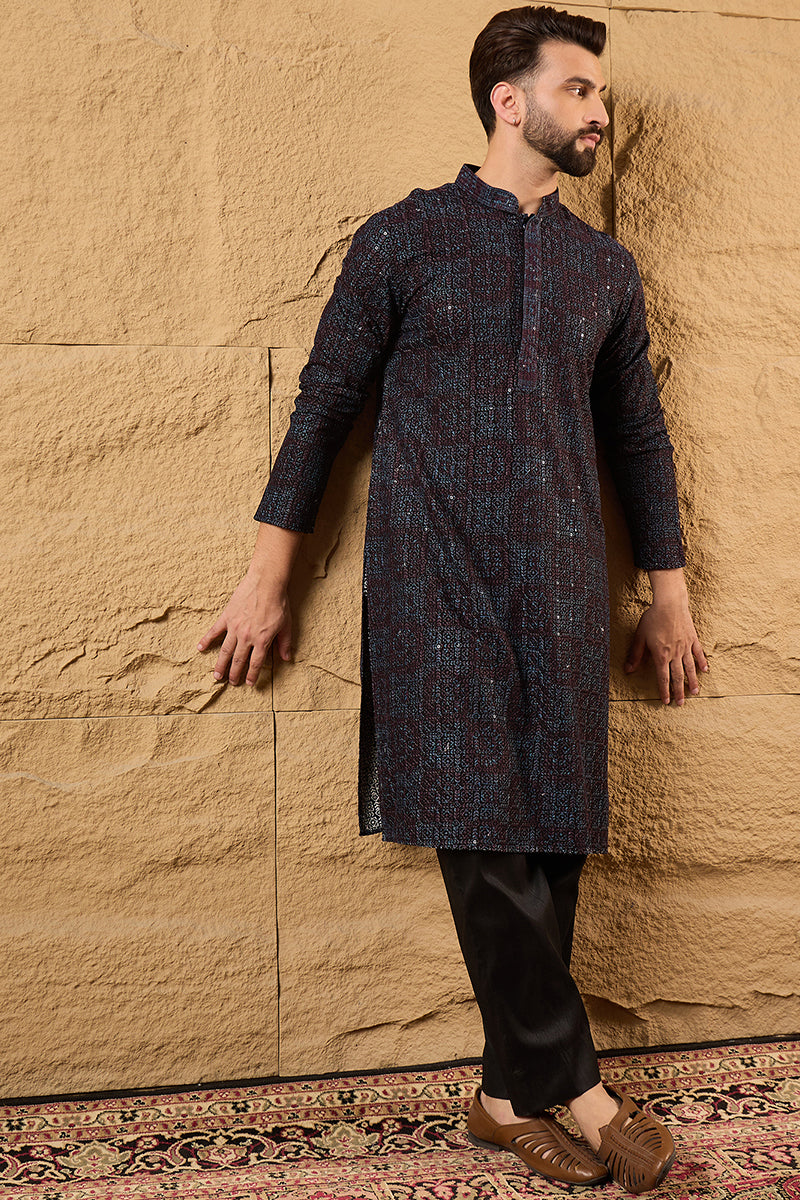 Black Viscose Rayon Geometric Embroidered Chikankari Straight Kurta With Pant Set MKSET1166