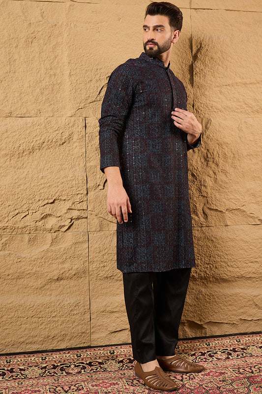 Black Viscose Rayon Geometric Embroidered Chikankari Straight Kurta With Pant Set MKSET1166