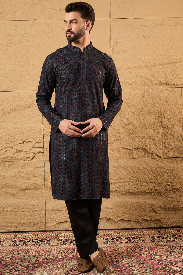 Black Viscose Rayon Geometric Embroidered Chikankari Straight Kurta With Pant Set MKSET1166