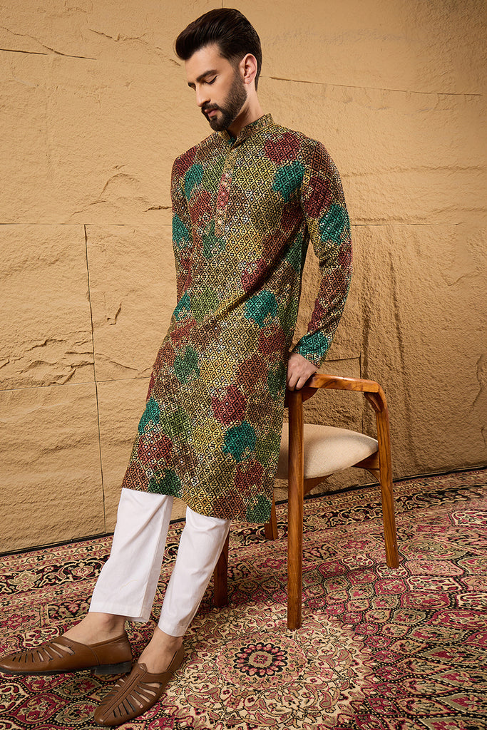 Multi Viscose Rayon Geometric Embroidered Chikankari Straight Kurta HOPMKU1180