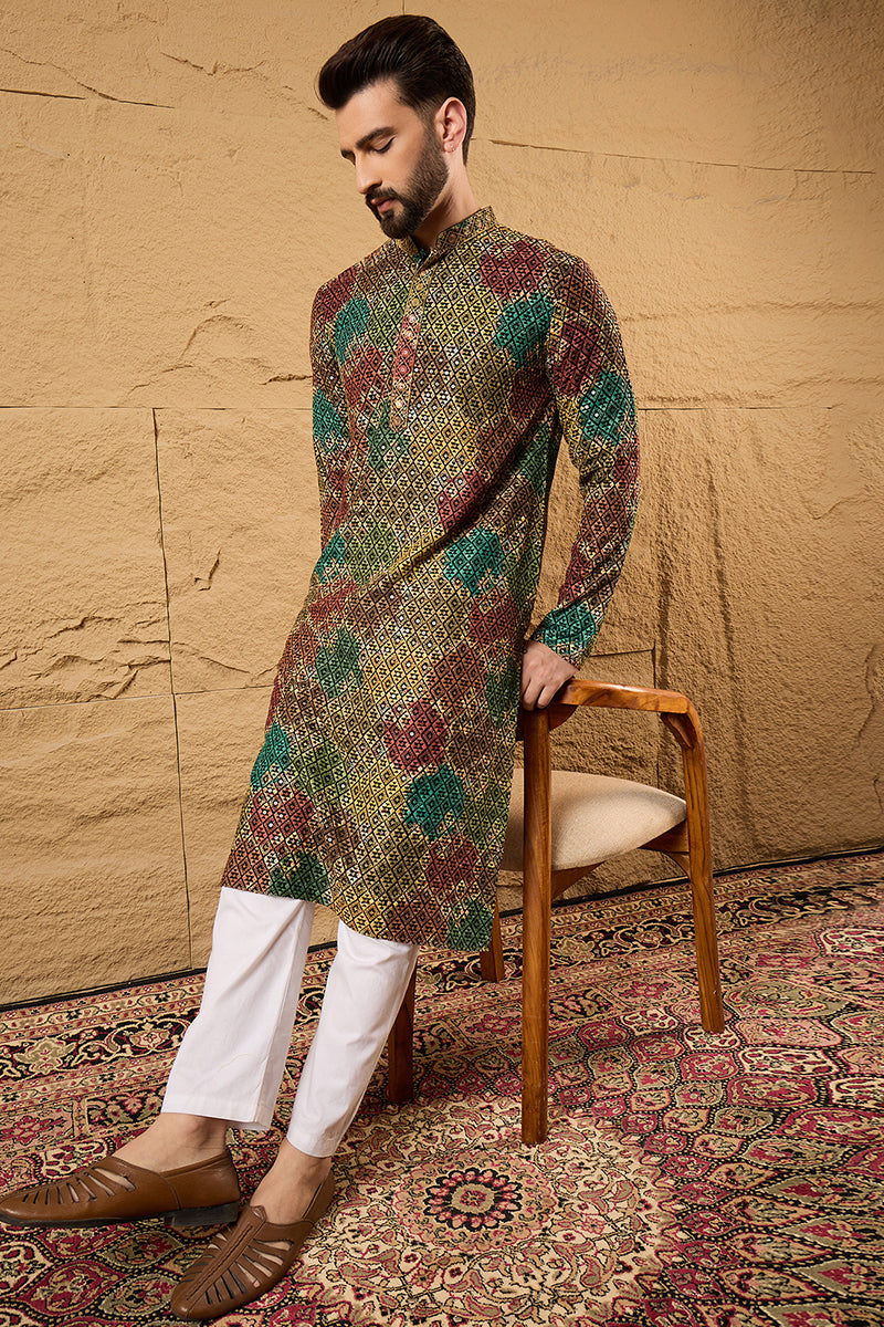 Multi Viscose Rayon Geometric Embroidered Chikankari Straight Kurta With Pant Set MKSET1180