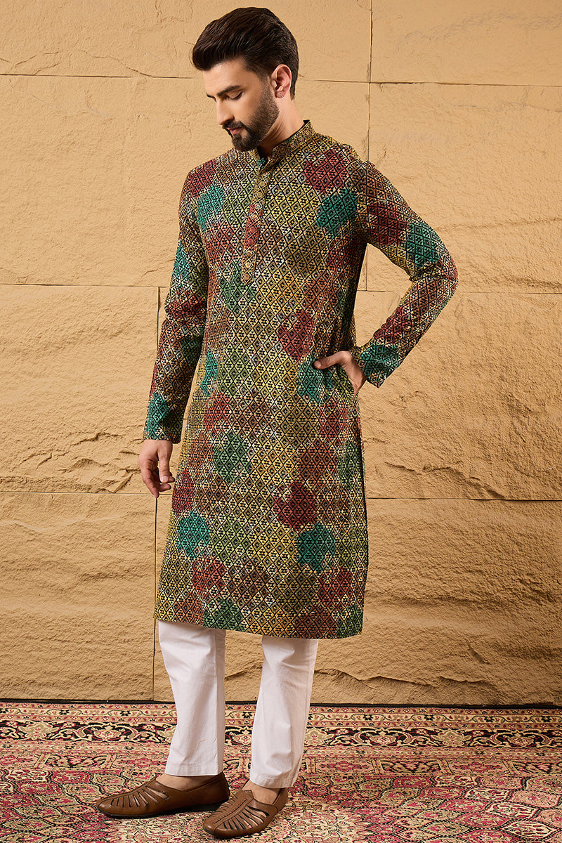 Multi Viscose Rayon Geometric Embroidered Chikankari Straight Kurta With Pant Set MKSET1180