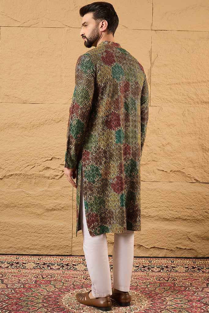 Multi Viscose Rayon Geometric Embroidered Chikankari Straight Kurta With Pant Set MKSET1180