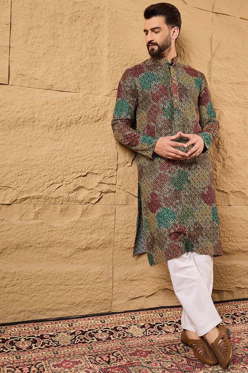 Multi Viscose Rayon Geometric Embroidered Chikankari Straight Kurta With Pant Set MKSET1180