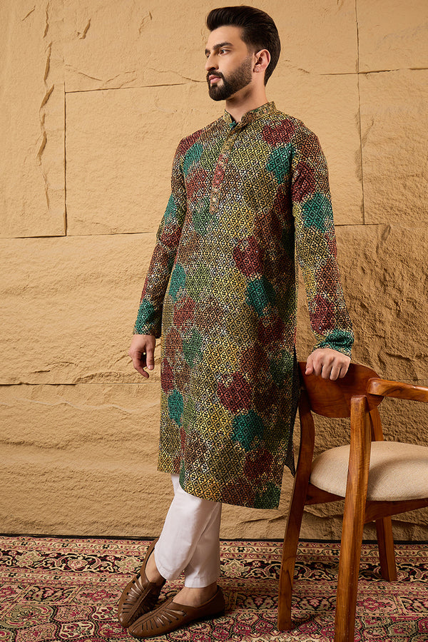 Multi Viscose Rayon Geometric Embroidered Chikankari Straight Kurta With Pant Set MKSET1180