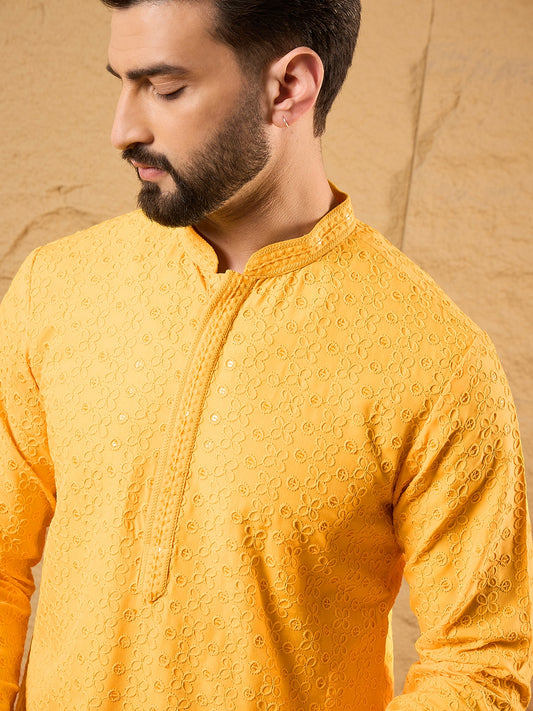 Yellow Viscose Rayon Embroidered Chikankari Straight Kurta MKU1186