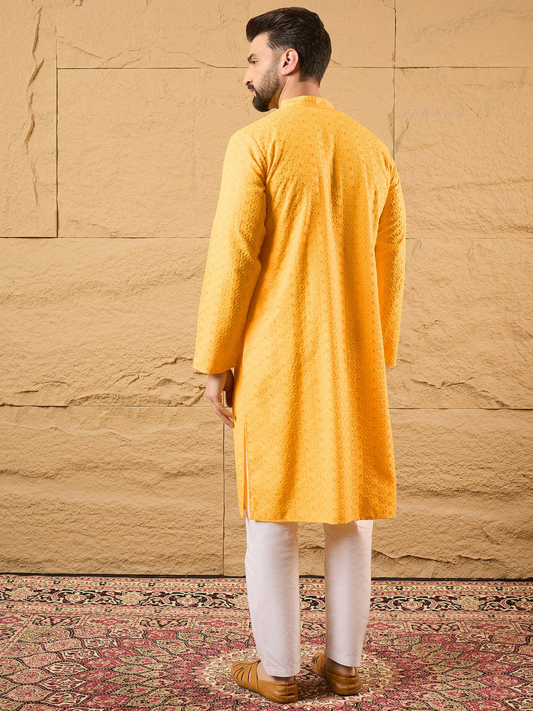 Yellow Viscose Rayon Embroidered Chikankari Straight Kurta MKU1186