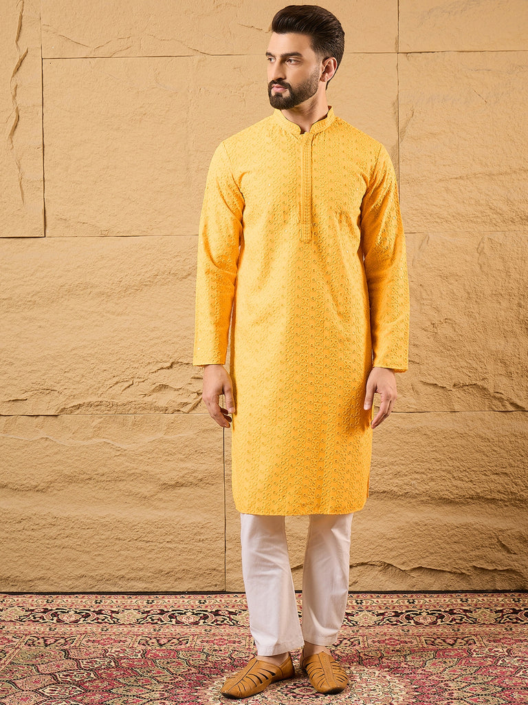 Yellow Viscose Rayon Embroidered Chikankari Straight Kurta MKU1186