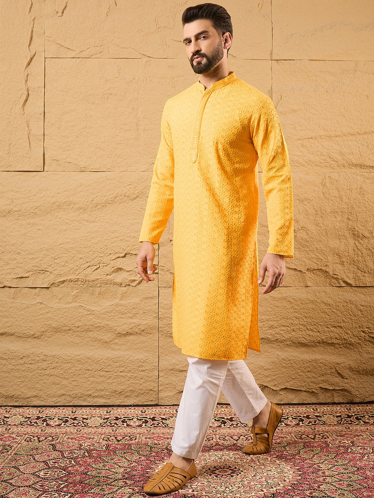 Yellow Viscose Rayon Embroidered Chikankari Straight Kurta MKU1186