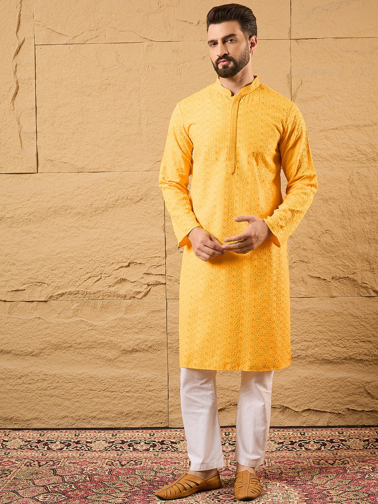 Yellow Viscose Rayon Embroidered Chikankari Straight Kurta MKU1186