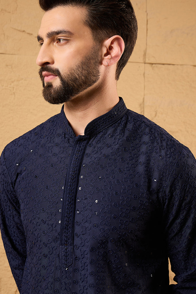 Blue Viscose Rayon Solid Embroidered Straight Kurta With Pant Set MKSET1187