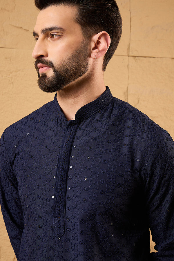 Blue Viscose Rayon Solid Embroidered Straight Kurta With Pant Set MKSET1187