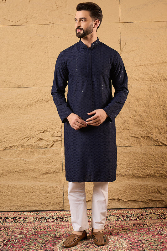 Blue Viscose Rayon Solid Embroidered Straight Kurta With Pant Set MKSET1187