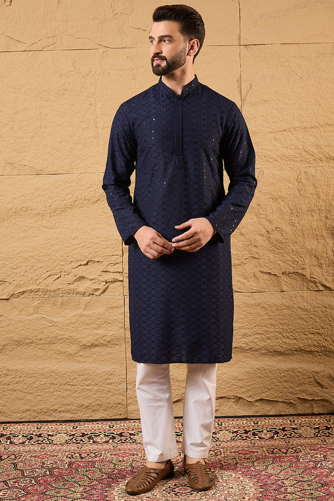 Blue Viscose Rayon Solid Embroidered Straight Kurta With Pant Set MKSET1187