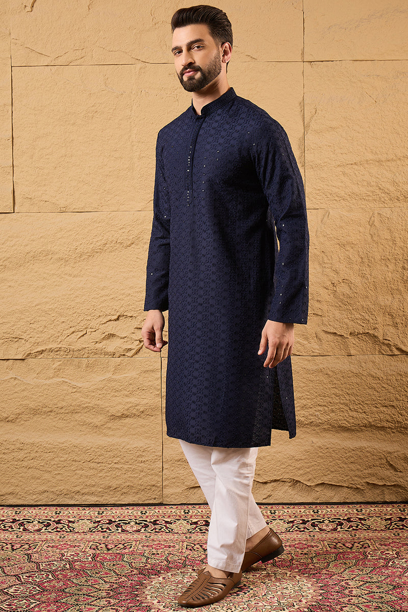 Blue Viscose Rayon Solid Embroidered Straight Kurta With Pant Set MKSET1187
