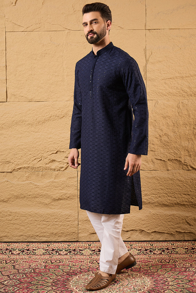 Blue Viscose Rayon Solid Embroidered Straight Kurta HOPMKU1187
