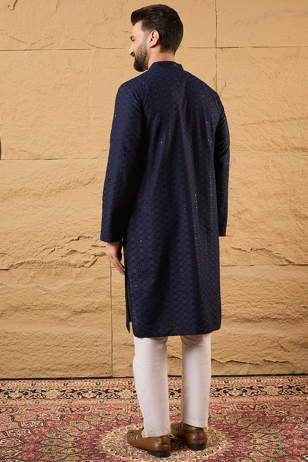 Blue Viscose Rayon Solid Embroidered Straight Kurta With Pant Set MKSET1187