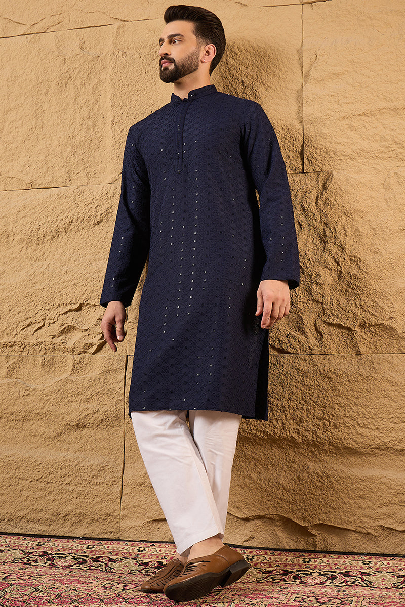 Blue Viscose Rayon Solid Embroidered Straight Kurta With Pant Set MKSET1187