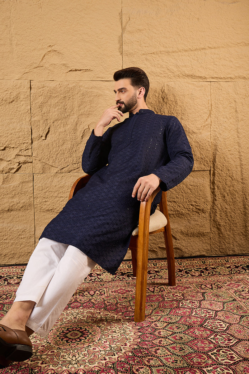 Blue Viscose Rayon Solid Embroidered Straight Kurta With Pant Set MKSET1187