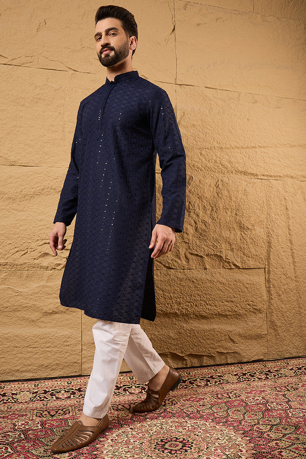Blue Viscose Rayon Solid Embroidered Straight Kurta MKU1187