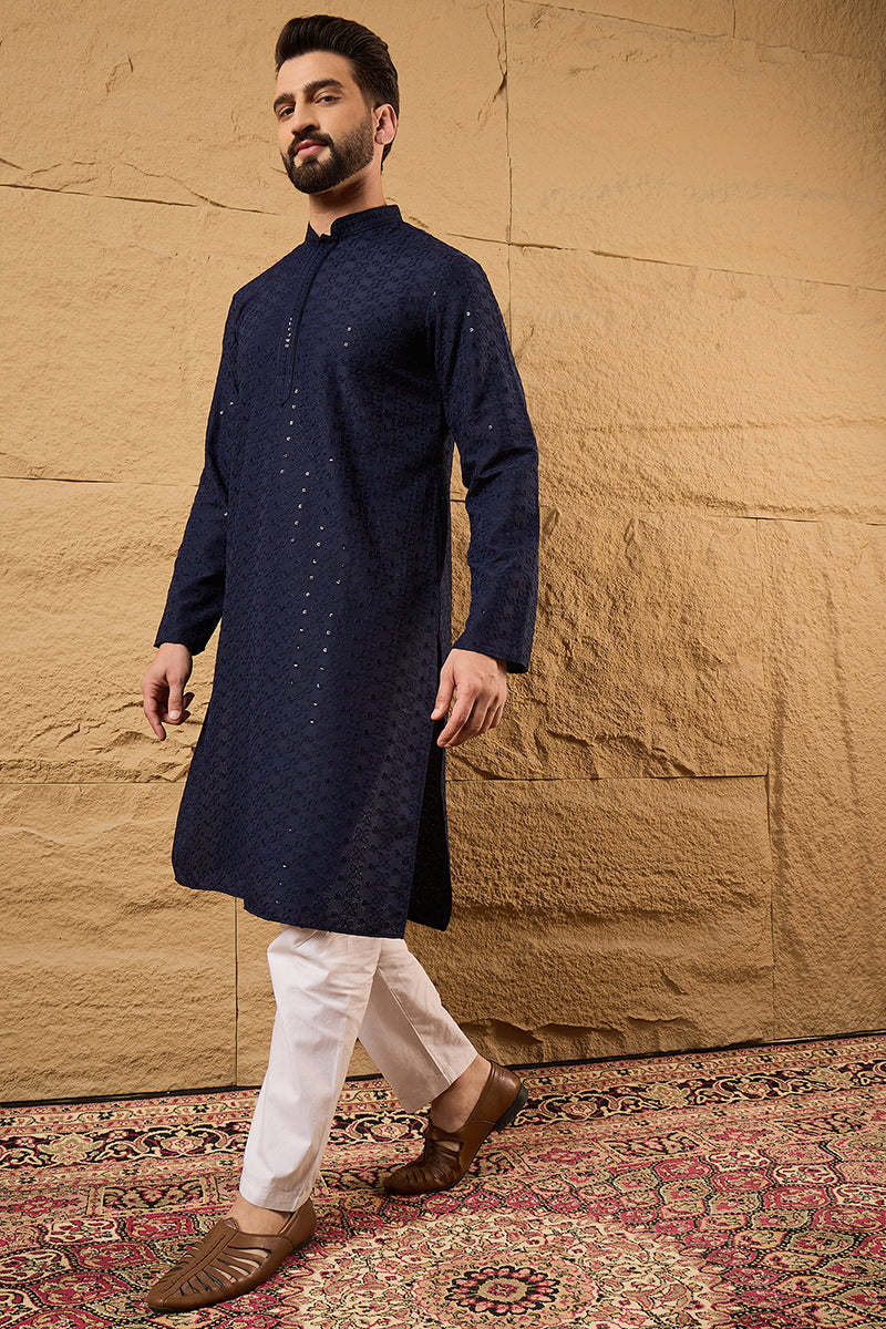 Blue Viscose Rayon Solid Embroidered Straight Kurta With Pant Set MKSET1187