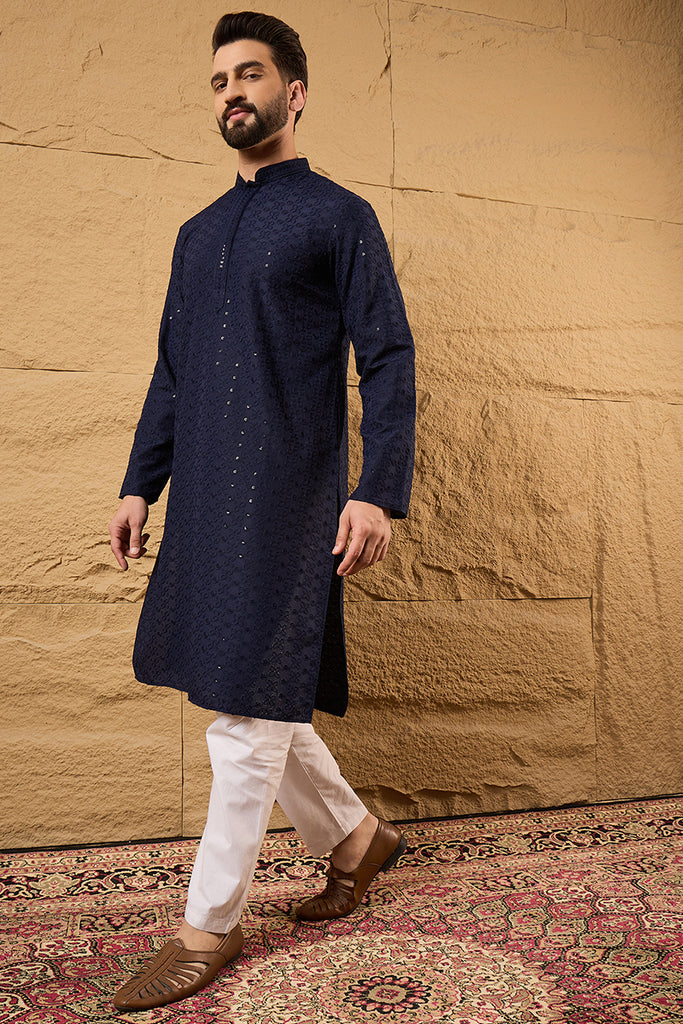 Blue Viscose Rayon Solid Embroidered Straight Kurta With Pant Set MKSET1187