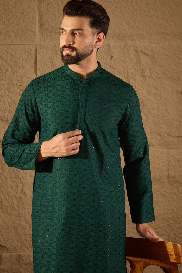 Dark Green Viscose Rayon Embroidered Solid Straight Kurta With Trousers MKSET1188