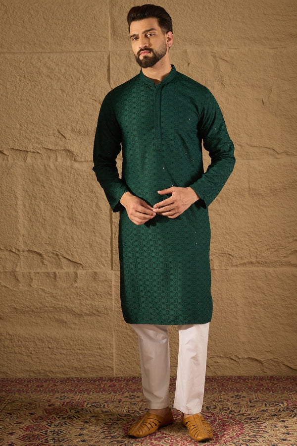 Dark Green Viscose Rayon Embroidered Solid Straight Kurta With Trousers MKSET1188