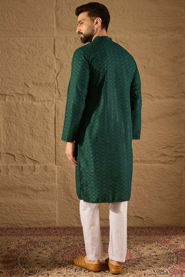 Dark Green Viscose Rayon Embroidered Solid Straight Kurta With Trousers MKSET1188