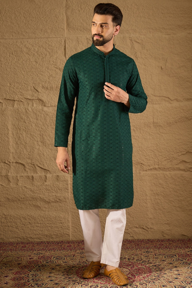 Dark Green Viscose Rayon Embroidered Solid Straight Kurta With Trousers MKSET1188