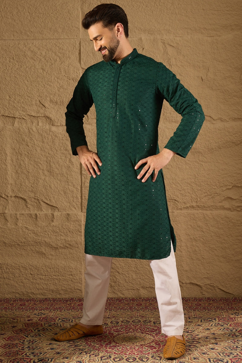 Dark Green Viscose Rayon Embroidered Solid Straight Kurta With Trousers MKSET1188