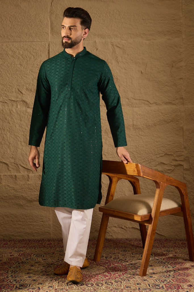 Dark Green Viscose Rayon Embroidered Solid Straight Kurta With Trousers MKSET1188