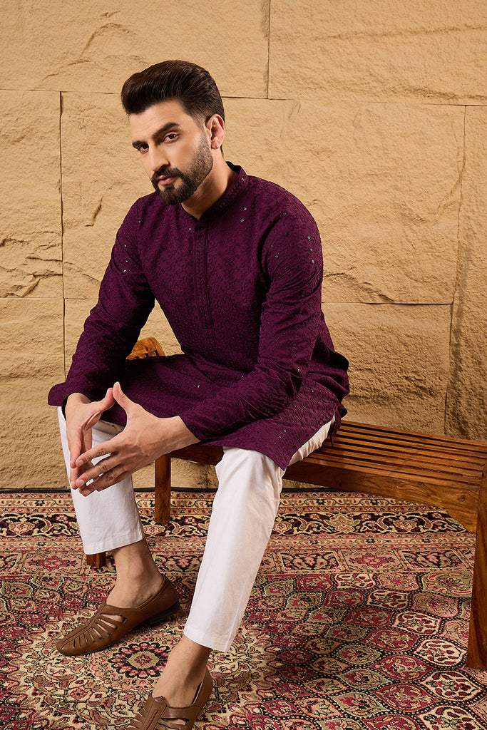 Wine Viscose Rayon Embroidered Solid Straight Kurta With Trousers MKSET1189