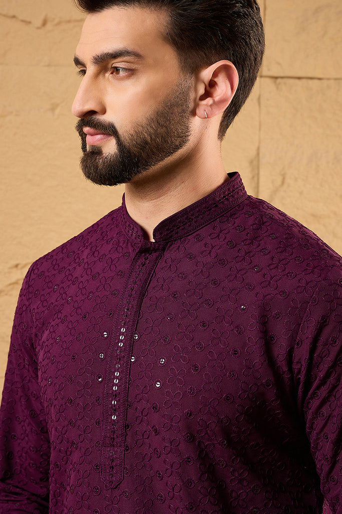 Wine Viscose Rayon Embroidered Solid Straight Kurta With Trousers MKSET1189