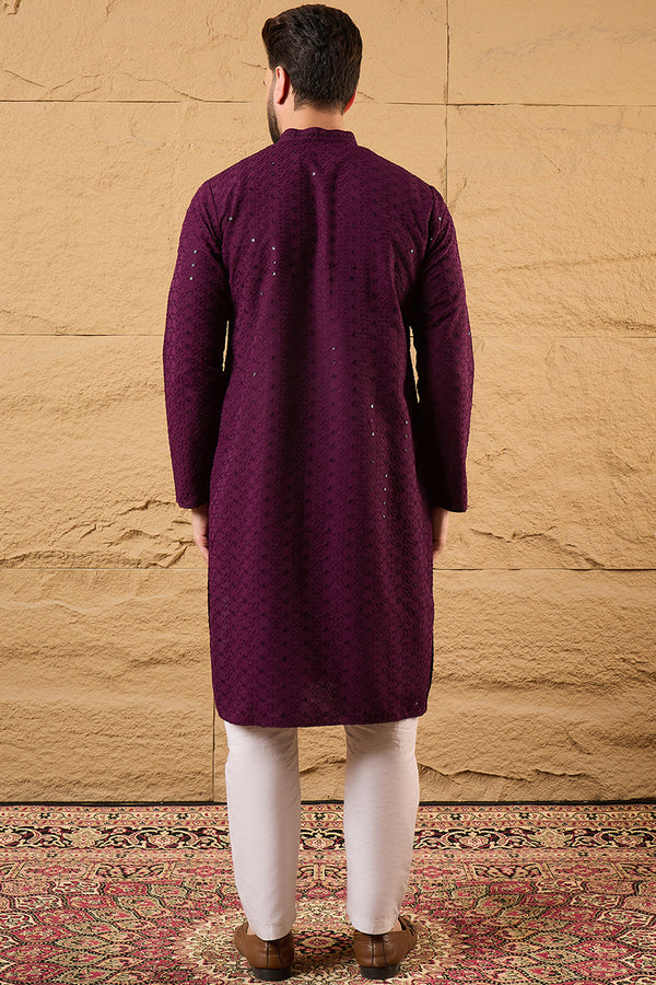 Wine Viscose Rayon Embroidered Solid Straight Kurta With Trousers MKSET1189