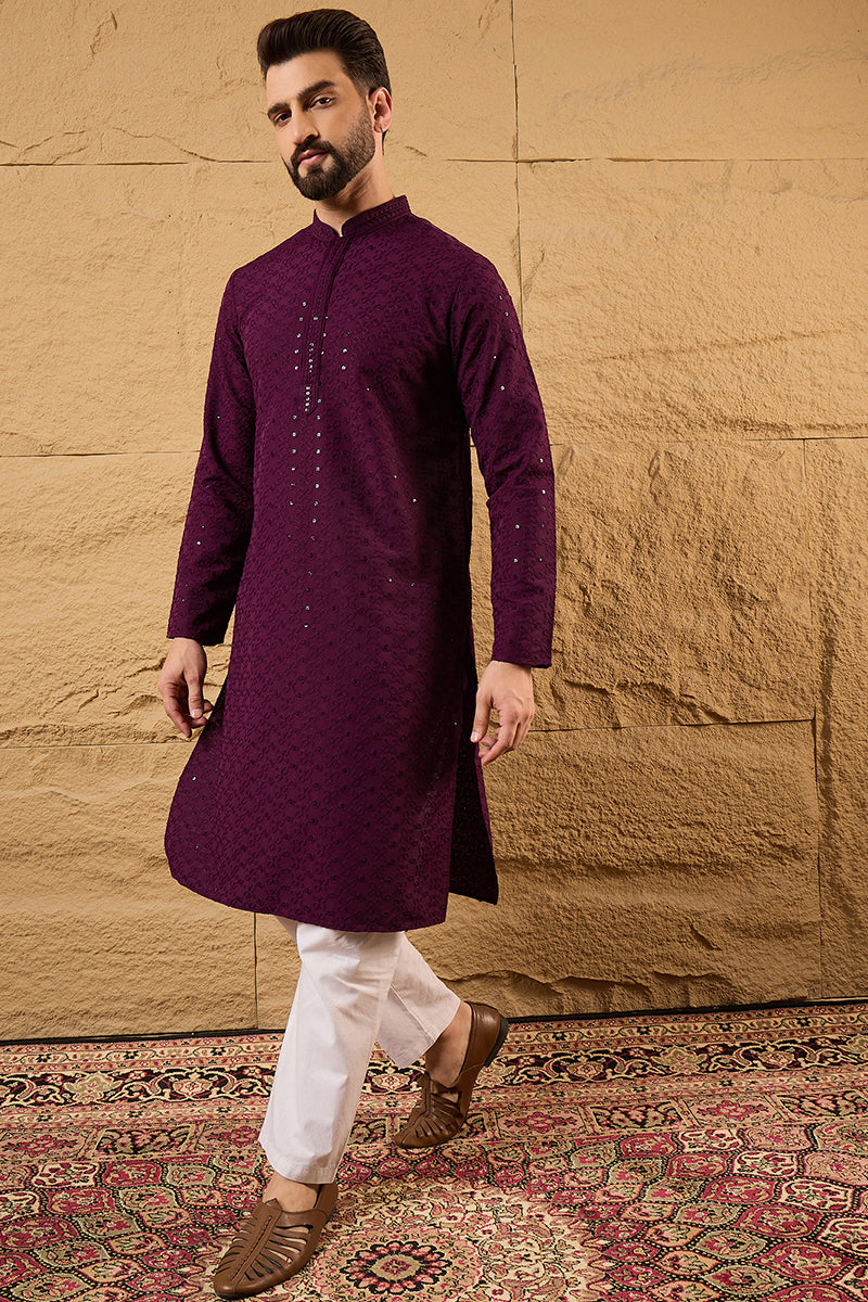 Wine Viscose Rayon Embroidered Solid Straight Kurta With Trousers MKSET1189