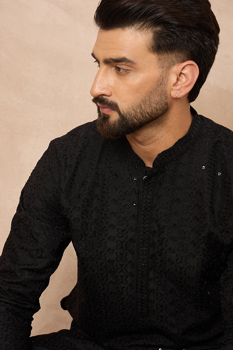 Black Viscose Rayon Embroidered Solid Straight Kurta With Trousers MKSET1190