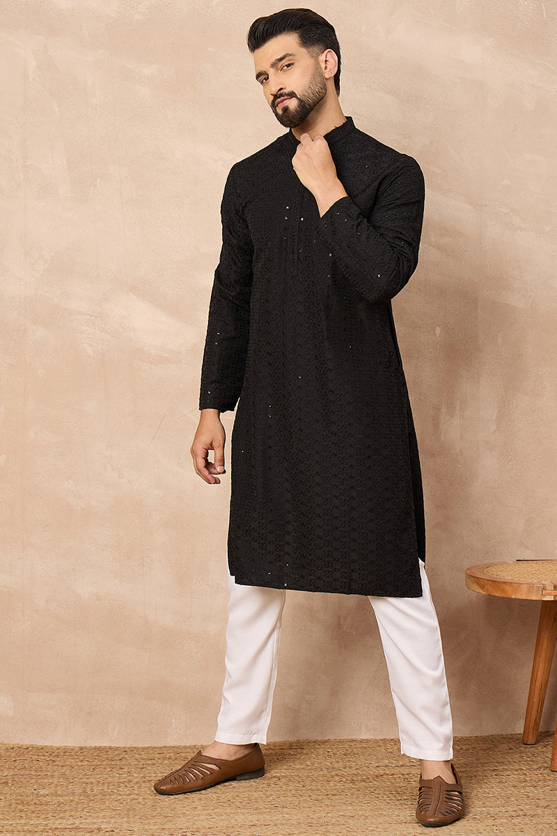 Black Viscose Rayon Embroidered Solid Straight Kurta With Trousers MKSET1190