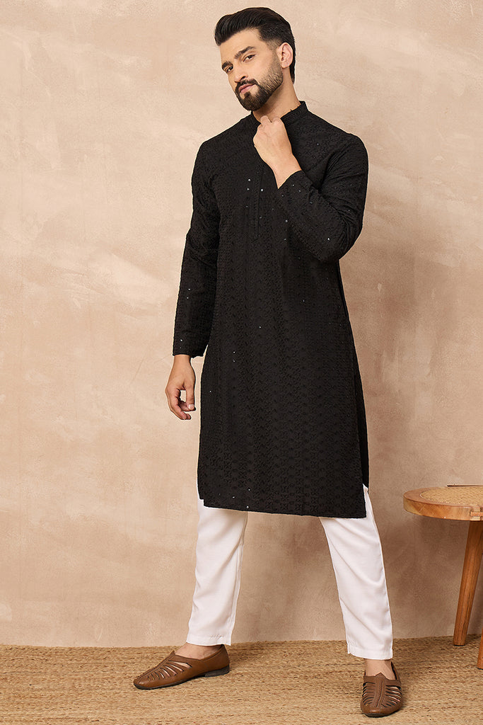 Black Viscose Rayon Embroidered Solid Straight Kurta With Trousers MKSET1190