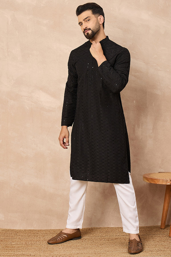 Black Viscose Rayon Embroidered Solid Straight Kurta With Trousers MKSET1190